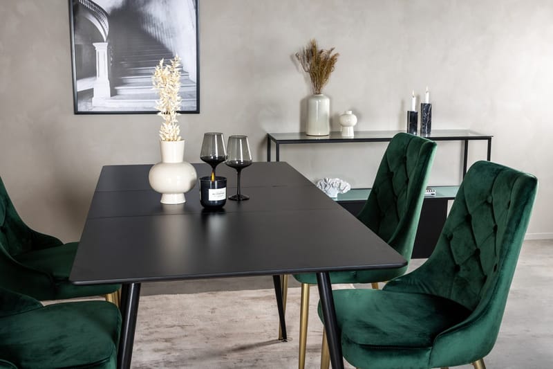 Silar Spisegruppe Uttrekkbar 120 cm Rektangulær med 4 Velvet Deluxe stoler - Svart/Gull/Grønn - Møbler - Bord - Spisegruppe