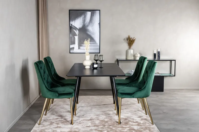 Silar Spisegruppe Uttrekkbar 120 cm Rektangulær med 4 Velvet Deluxe stoler, Svart/Gull/Grønn