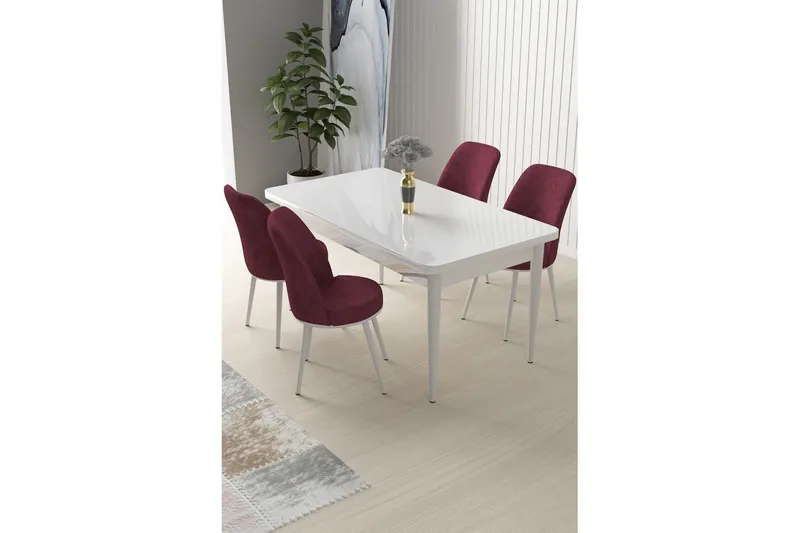 Sivaji Spisegruppe 4-seter - Hvit/Vinrød - Møbler - Bord - Spisegruppe