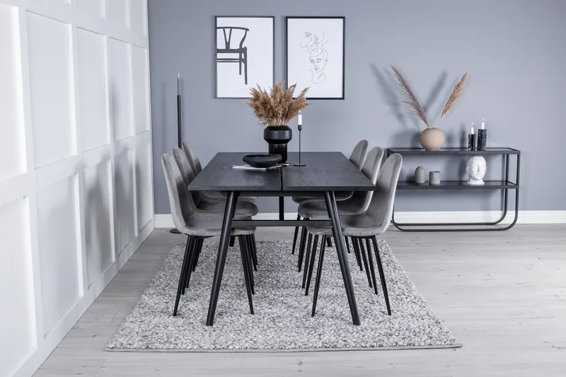 Sleek Matgruppe Forlengningsbar 195 cm Rektangulær med 6 Polar stoler, Sort