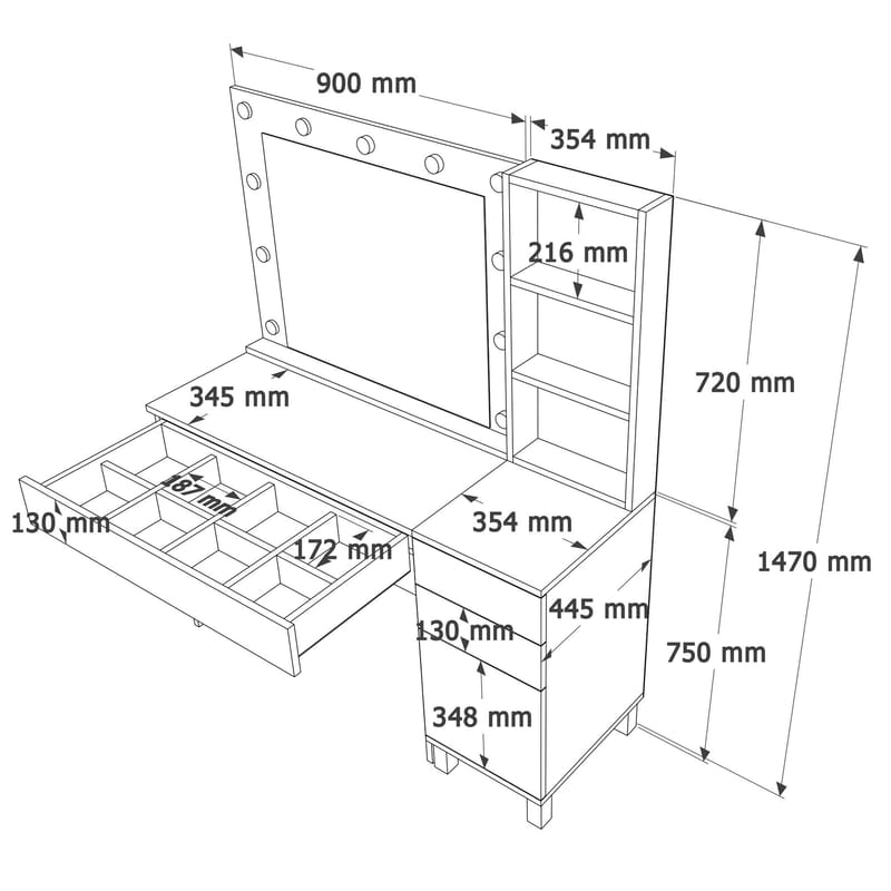 Sminkebord Hanah Home Monroe (125,4 x 147 x 44,5 cm) Hvit - Hvit - Møbler - Bord - Sminkebord & toalettbord