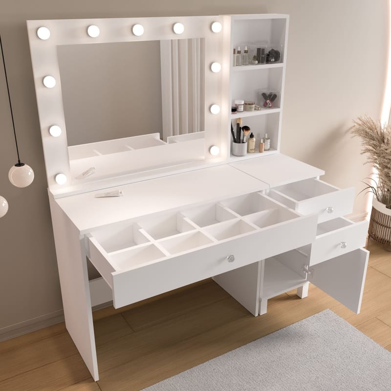 Sminkebord Hanah Home Monroe (125,4 x 147 x 44,5 cm) Hvit - Hvit - Møbler - Bord - Sminkebord & toalettbord