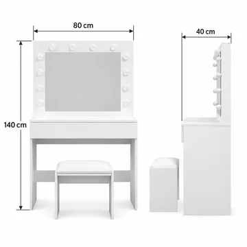 Glow lite sminkebord 80 cm med speil, skuffer og krakk – LED-belysning - Hvit - Møbler - Bord - Sminkebord & toalettbord