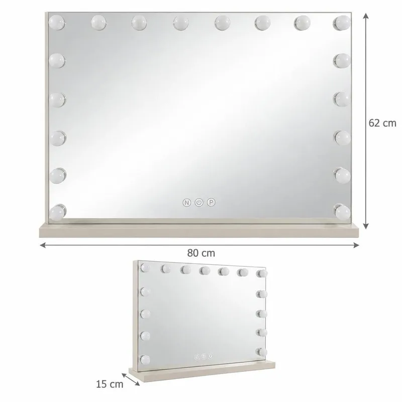 Glow Sminkebord 120 cm med Glassplate Oppbevaring og Skuffer samt Speil 80 cm med Belysning - Beige - Møbler - Bord - Sminkebord & toalettbord