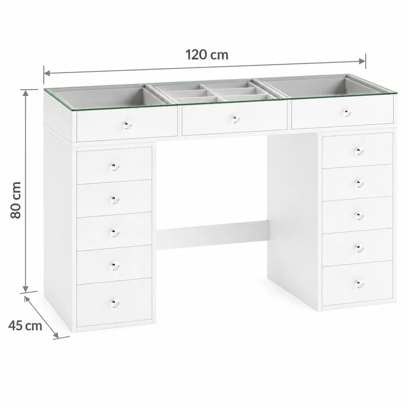 Glow Sminkebord 120 cm med Glassplate Oppbevaring og Skuffer samt Speil 80 cm med Belysning - Hvit - Møbler - Bord - Sminkebord & toalettbord