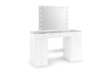 Glow Sminkebord 120 cm med Speil 80 cm og Belysning Glassplate Oppbevaring og Skuffer - Hvit - Møbler - Bord - Sminkebord & toalettbord