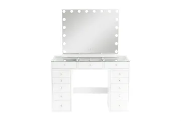 Glow Sminkebord 120 cm med Speil 80 cm og Belysning Glassplate Oppbevaring og Skuffer