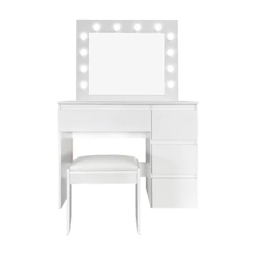 Glow Sminkebord 94 cm med speil, skuffer og krakk – LED-belysning - Hvit - Møbler - Bord - Sminkebord & toalettbord