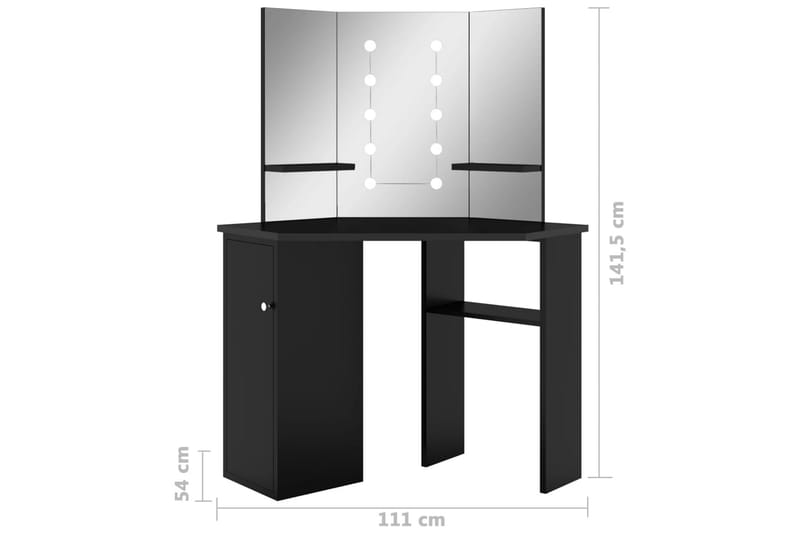 Hjørnemontert sminkebord med LED svart 111x54x141,5 cm - Svart - Sminkebord & toalettbord