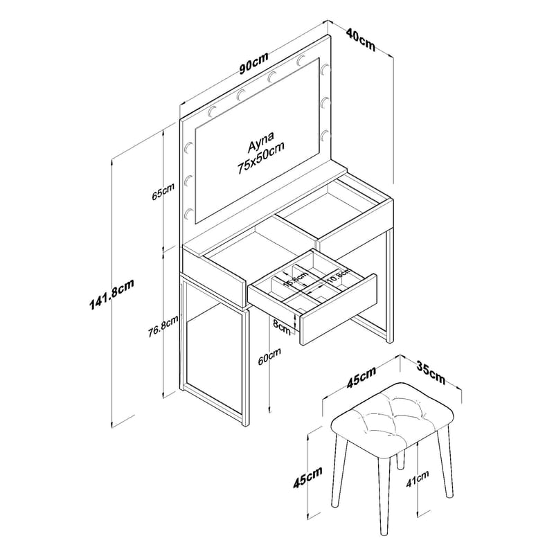 Sminkebord Wallxpert Eska BJ164 (90 x 141,8 x 40 cm) Hvit - Hvit - Møbler - Bord - Sminkebord & toalettbord