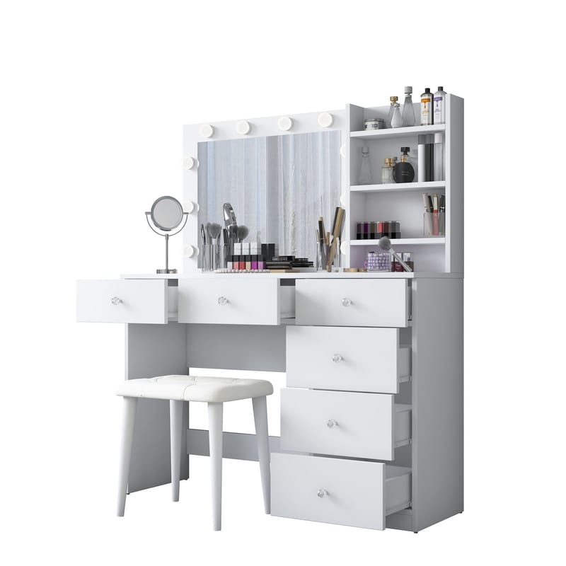 Sminkebord Wallxpert Isla-hylle med puff (120 x 141,8 x 40 cm) Hvit - Hvit - Møbler - Bord - Sminkebord & toalettbord