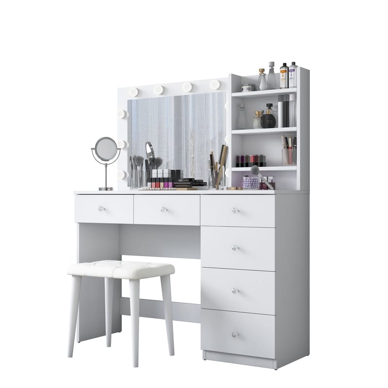 Sminkebord Wallxpert Isla-hylle med puff (120 x 141,8 x 40 cm) Hvit - Hvit - Møbler - Bord - Sminkebord & toalettbord
