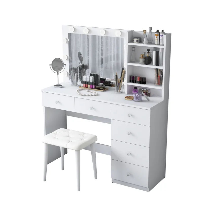 Sminkebord Wallxpert Isla-hylle med puff (120 x 141,8 x 40 cm) Hvit, Hvit