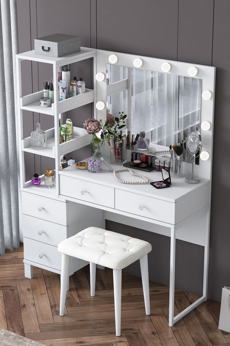 Sminkebord Wallxpert Kira-hylle BJ155 (120 x 79,8 x 44,5 cm) Hvit - Hvit - Møbler - Bord - Sminkebord & toalettbord