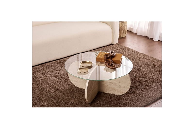 Sofabord Aeris 75 cm med Glassplate - Travertin / Transparent - Møbler - Bord - Sofabord & salongbord