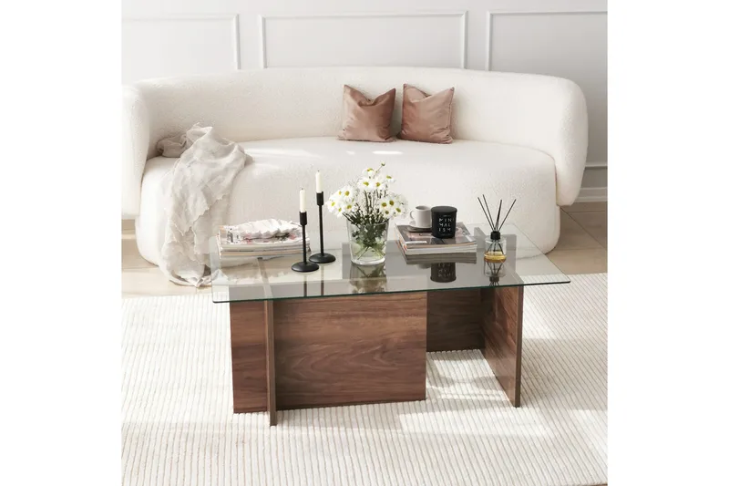 Almasi Rektangulært Sofabord 105x40x105 cm - Brun / Valnøtt / Glass - Møbler - Bord - Sofabord & salongbord