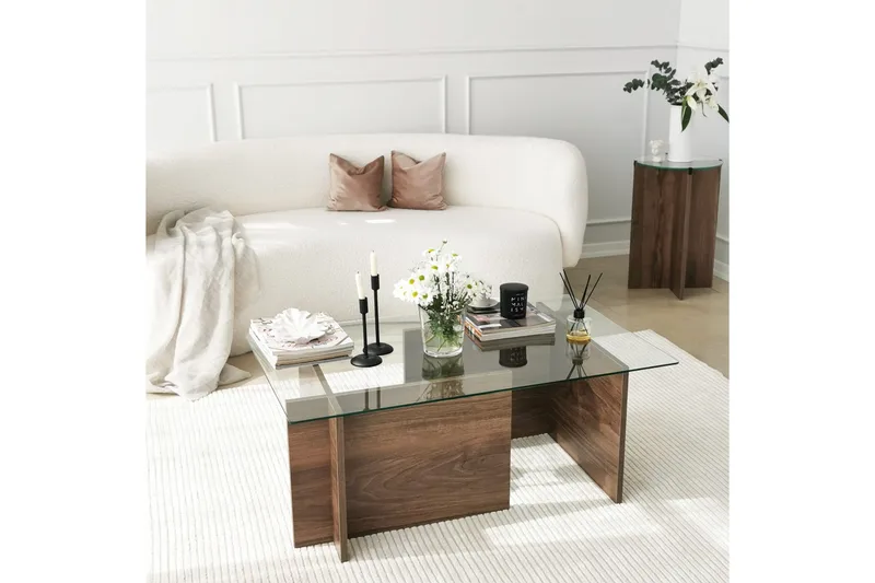 Almasi Rektangulært Sofabord 105x40x105 cm - Brun / Valnøtt / Glass - Møbler - Bord - Sofabord & salongbord