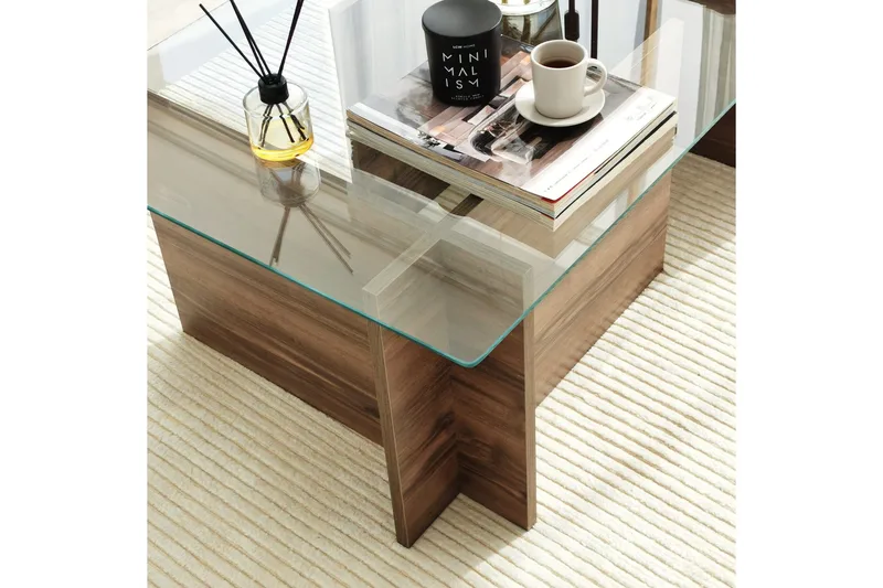 Almasi Rektangulært Sofabord 105x40x105 cm - Brun / Valnøtt / Glass - Møbler - Bord - Sofabord & salongbord