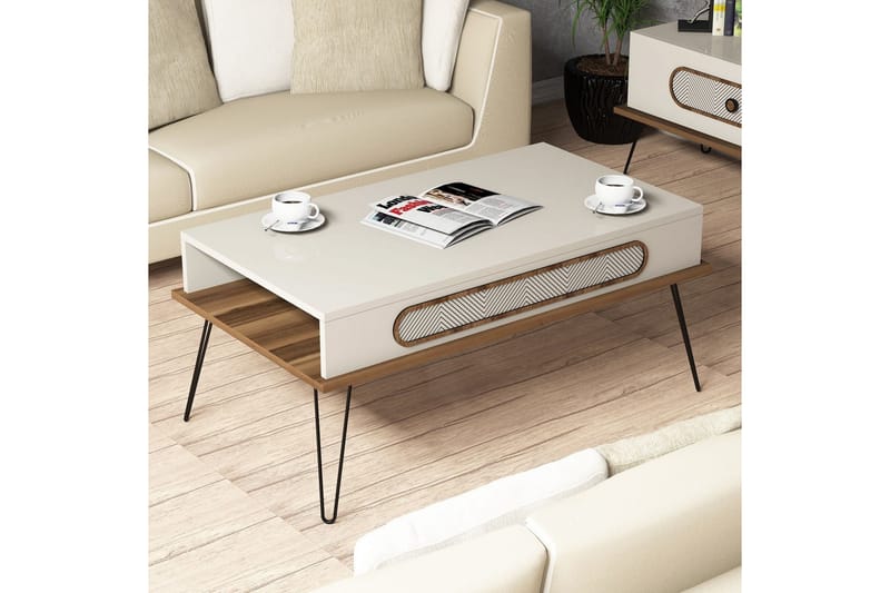 Sofabord Amtorp 105 cm med Oppbevaring Hylle TriangelMønster - Brun/Hvit - Sofabord & salongbord
