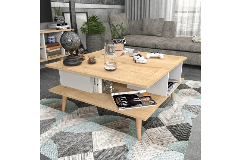 Andifli 89 cm Firkantet Sofabord med Hyller i Eik - Beige - Møbler - Bord - Sofabord & salongbord
