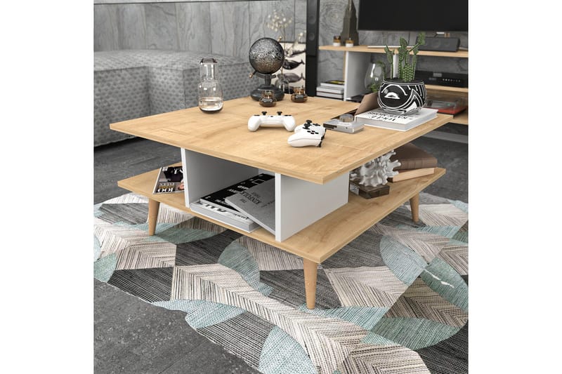 Andifli 89 cm Firkantet Sofabord med Hyller i Eik - Beige - Møbler - Bord - Sofabord & salongbord