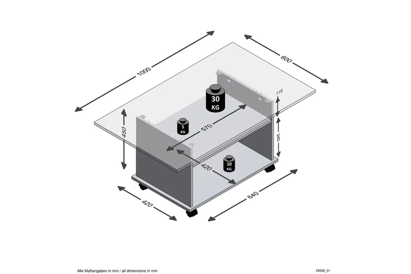 Azur Sofabord 100 cm med Oppbevaring Hylle på Hjul - Hvit/Betonggrå - Møbler - Bord - Sofabord & salongbord - Sofabord med oppbevaring