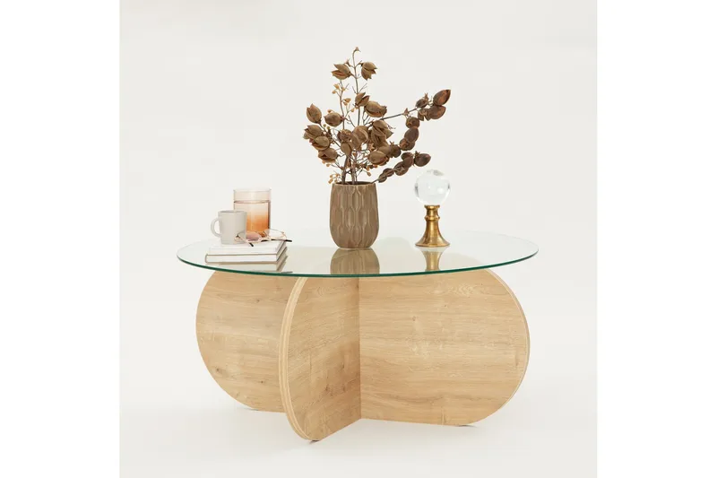 Bengul 75 cm Rundt Salongbord i Glass med Understell i Tre - Klar - Møbler - Bord - Sofabord & salongbord