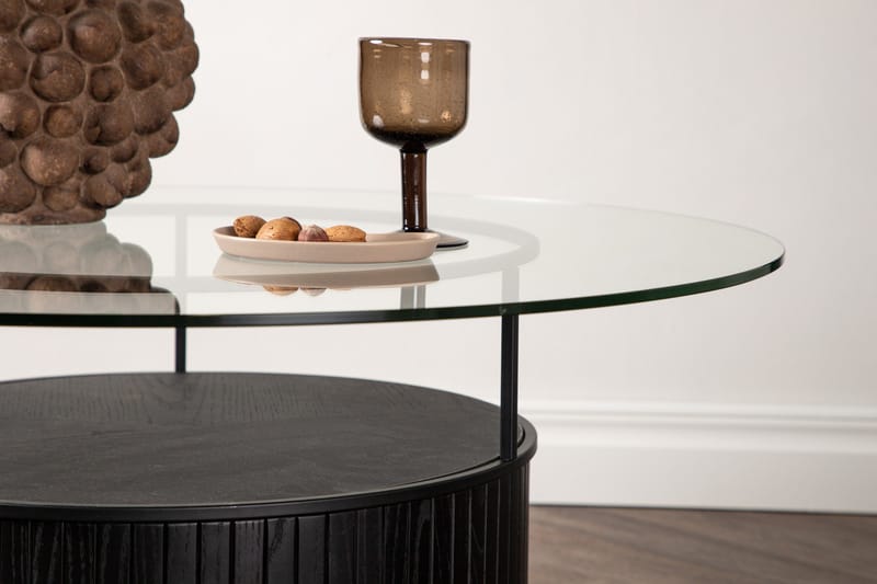 Bovall 90 cm Rundt Sofabord med Oppbevaring i Glass og Tre - Klar - Møbler - Bord - Sofabord & salongbord - Sofabord med oppbevaring