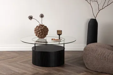 Bovall 90 cm Rundt Sofabord med Oppbevaring i Glass og Tre - Klar - Møbler - Bord - Sofabord & salongbord - Sofabord med oppbevaring