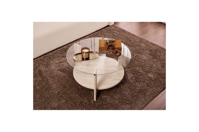 Sofabord Clara 75 cm med Glassplate - Travertin / Transparent - Møbler - Bord - Sofabord & salongbord