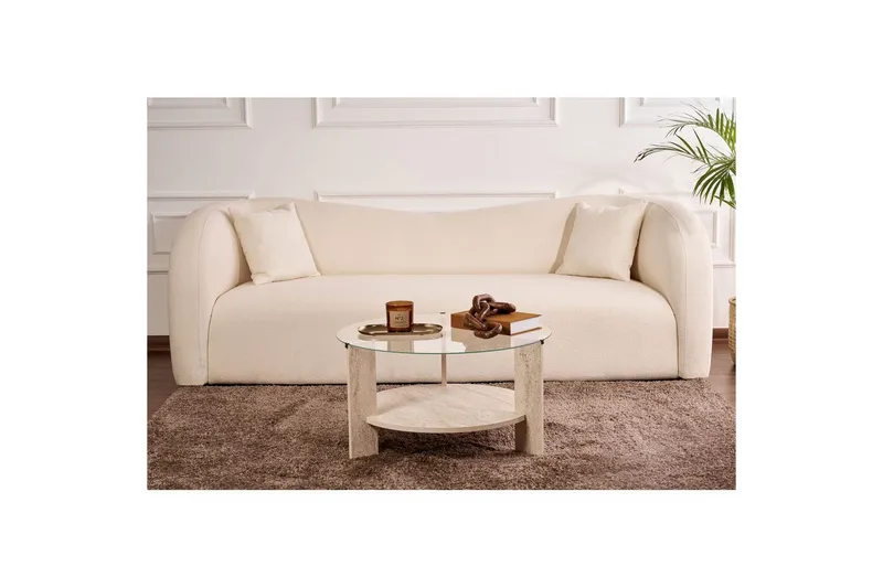 Sofabord Clara 75 cm med Glassplate - Travertin / Transparent - Møbler - Bord - Sofabord & salongbord