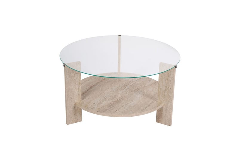 Sofabord Clara 75 cm med Glassplate, Travertin / Transparent