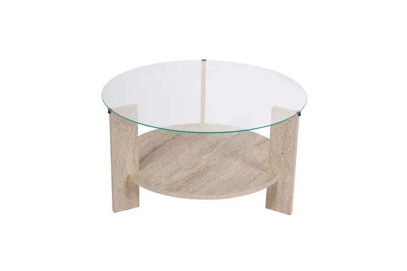 Sofabord Clara 75 cm med Glassplate, Travertin / Transparent