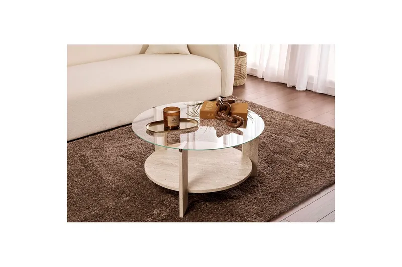 Sofabord Clara 75 cm med Glassplate - Travertin / Transparent - Møbler - Bord - Sofabord & salongbord