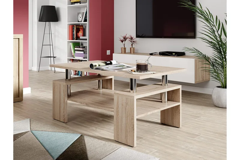 Cubeia Sofabord 110 cm med Oppbevaringshyller - Eikefarge/Krom - Møbler - Bord - Sofabord & salongbord - Sofabord med oppbevaring