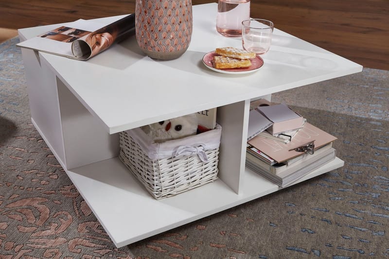 Delgadillo Kvadratisk Sofabord 70 cm med Skuffer og Hjul i Malt Tre - Hvit - Møbler - Bord - Sofabord & salongbord - Sofabord med hjul
