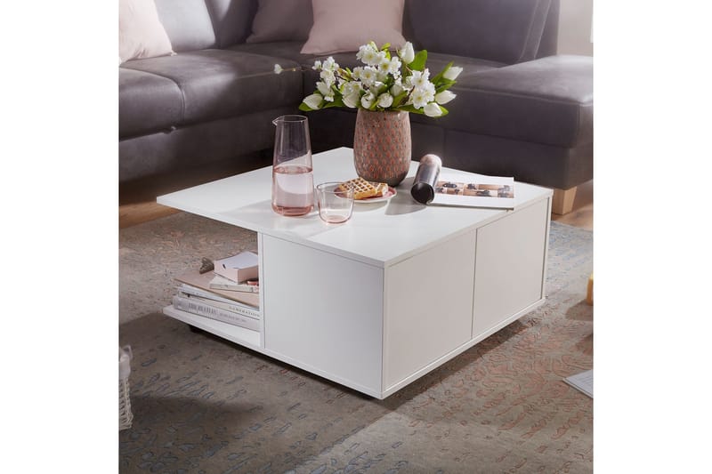 Delgadillo Kvadratisk Sofabord 70 cm med Skuffer og Hjul i Malt Tre - Hvit - Møbler - Bord - Sofabord & salongbord - Sofabord med hjul