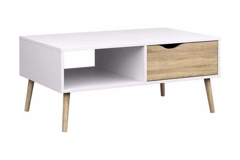 Delta Sofabord 99 cm med Oppbevaringsskuff + Hylle - Hvit/Eikefarge - Møbler - Bord - Sofabord & salongbord - Sofabord med oppbevaring