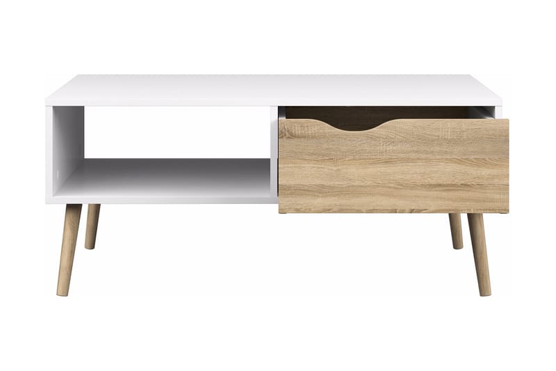 Delta Sofabord 99 cm med Oppbevaringsskuff + Hylle - Hvit/Eikefarge - Møbler - Bord - Sofabord & salongbord - Sofabord med oppbevaring