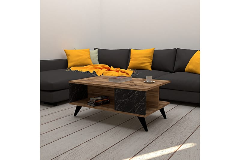 Sofabord Dzelda 90 cm med Oppbevaring Hylle Marmormønster - Valnøttbrun/Svart - Sofabord & salongbord