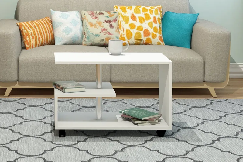 Elegancia Sofabord 80 cm med Oppbevaringshylle på Hjul - Hvit - Møbler - Bord - Sofabord & salongbord - Sofabord med oppbevaring