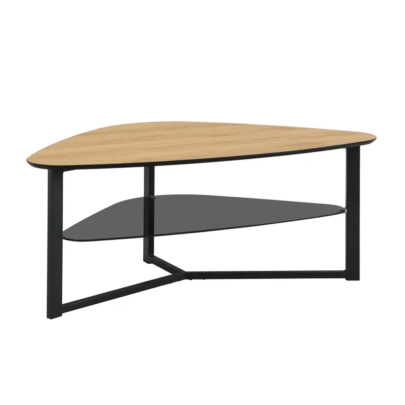 Erlona sofabord 110 cm nyreformet med eikelook, glasshylle og metallstamme, eikelook / svart