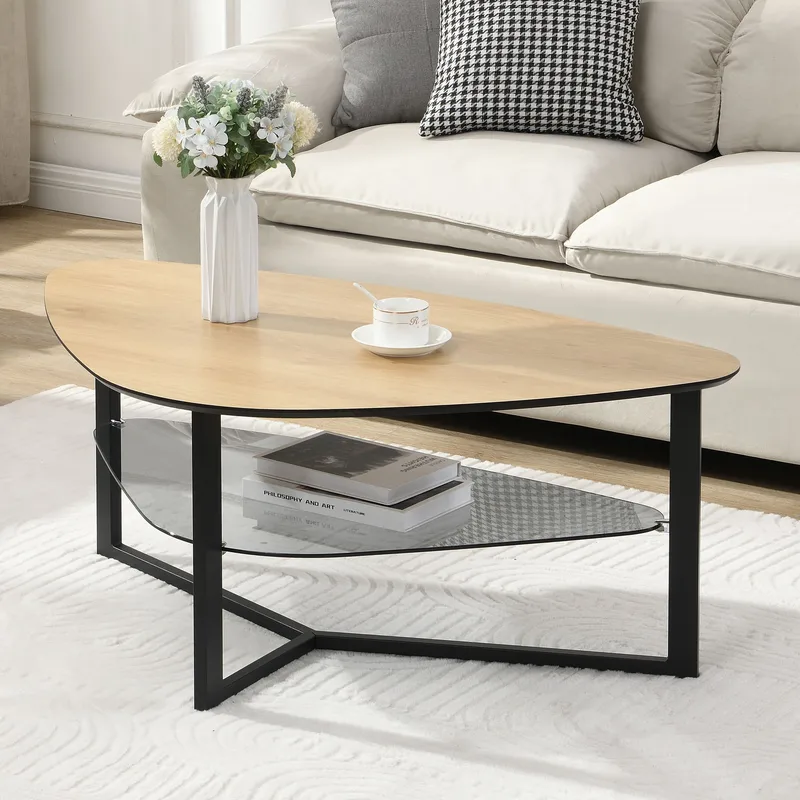 Erlona sofabord 110 cm nyreformet med eikelook, glasshylle og metallstamme - eikelook / svart - Møbler - Bord - Sofabord & salongbord - Sofabord med oppbevaring