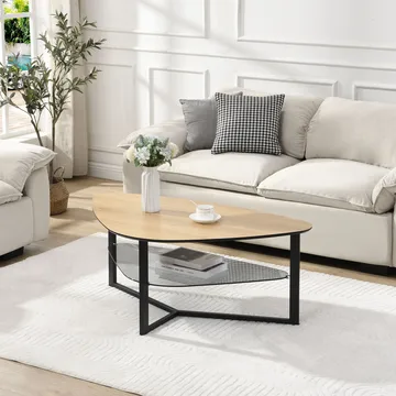 Erlona sofabord 110 cm nyreformet med eikelook, glasshylle og metallstamme - eikelook / svart - Møbler - Bord - Sofabord & salongbord - Sofabord med oppbevaring