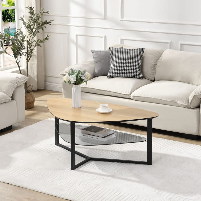 Erlona sofabord 110 cm nyreformet med eikelook, glasshylle og metallstamme - eikelook / svart - Møbler - Bord - Sofabord & salongbord - Sofabord med oppbevaring
