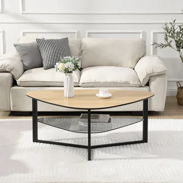 Erlona sofabord 110 cm nyreformet med eikelook, glasshylle og metallstamme - eikelook / svart - Møbler - Bord - Sofabord & salongbord - Sofabord med oppbevaring