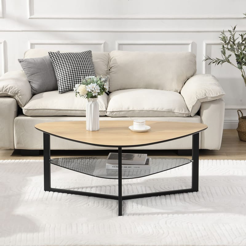 Erlona sofabord 110 cm nyreformet med eikelook, glasshylle og metallstamme - eikelook / svart - Møbler - Bord - Sofabord & salongbord - Sofabord med oppbevaring