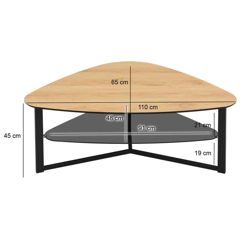 Erlona sofabord 110 cm nyreformet med eikelook, glasshylle og metallstamme - eikelook / svart - Møbler - Bord - Sofabord & salongbord - Sofabord med oppbevaring