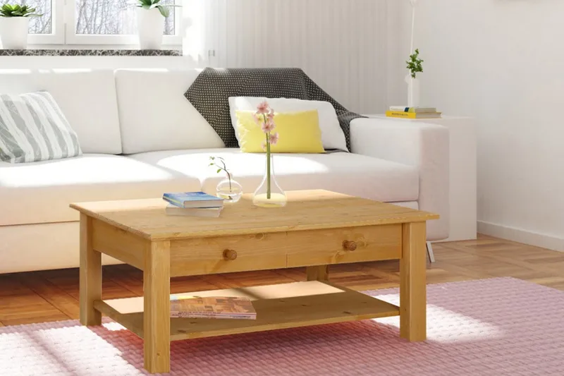 Evonne Sofabord 100 cm med Oppbevaring 2 Skuffer + Hylle - Brun - Møbler - Bord - Sofabord & salongbord