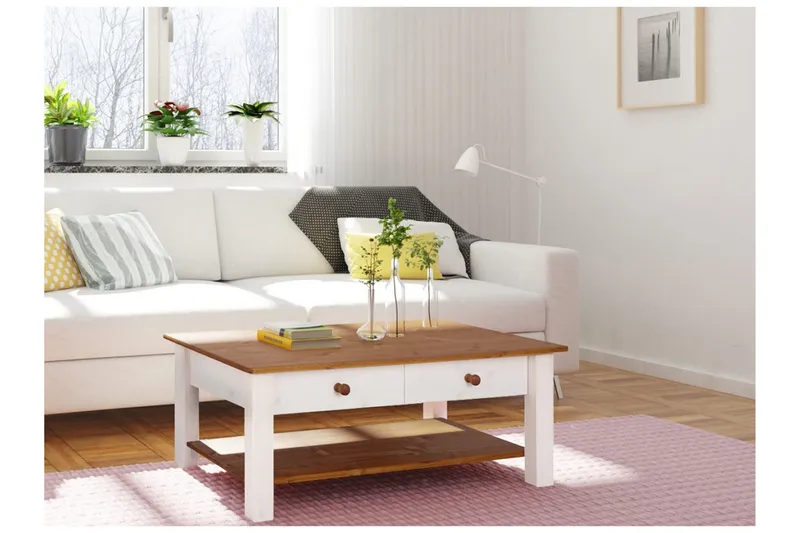 Evonne Sofabord 100 cm med Oppbevaring 2 Skuffer + Hylle - Hvit/Brun - Møbler - Bord - Sofabord & salongbord - Sofabord med oppbevaring